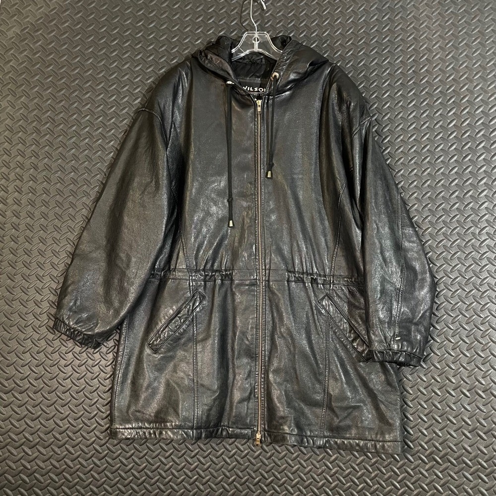 Wilson's Leather Black Quilted‎ Anorak Utility Cargo Jacket Coat Hooded Mens L